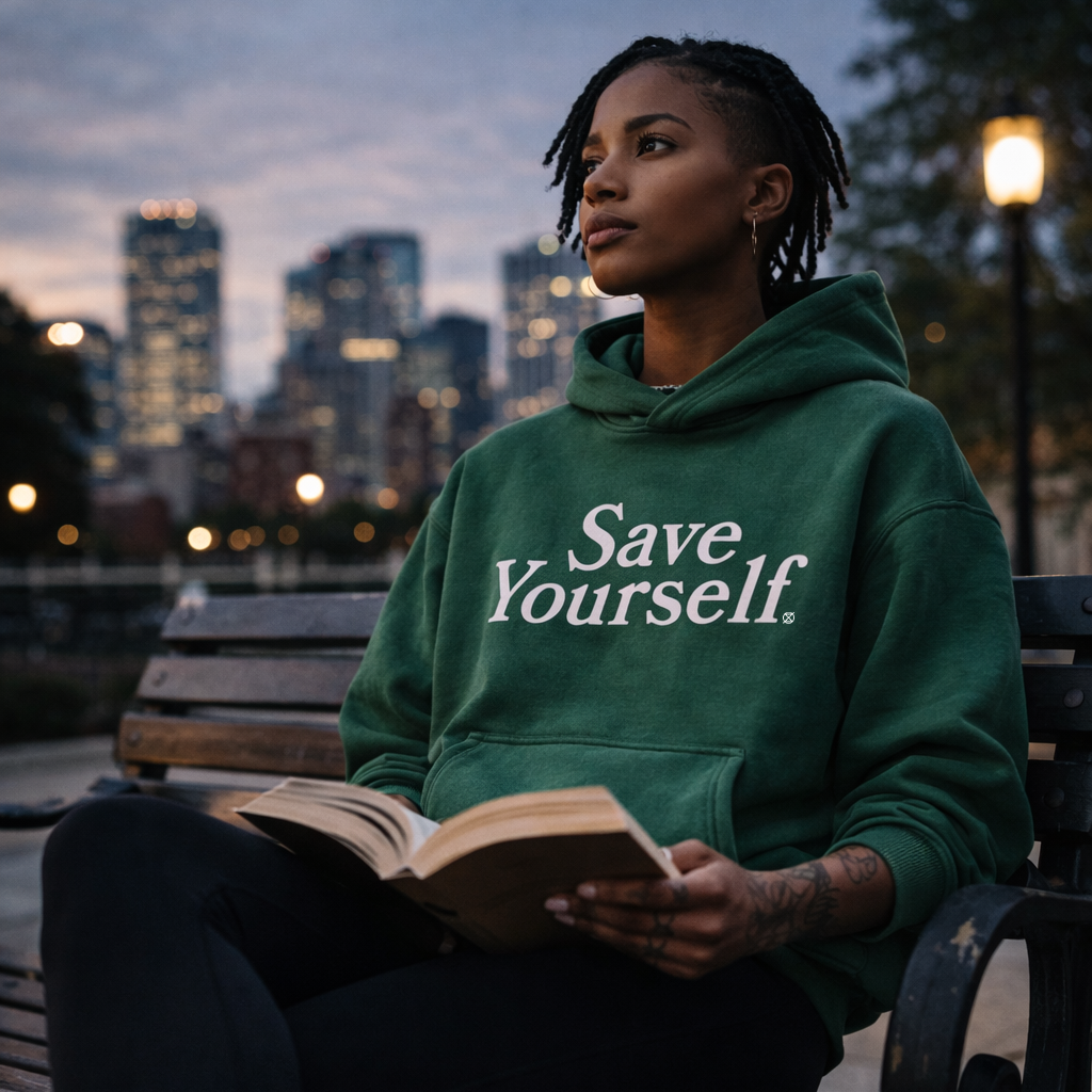 Person wearing a green hoodie with 'Save Yourself' text, sitting on a bench in an urban setting.