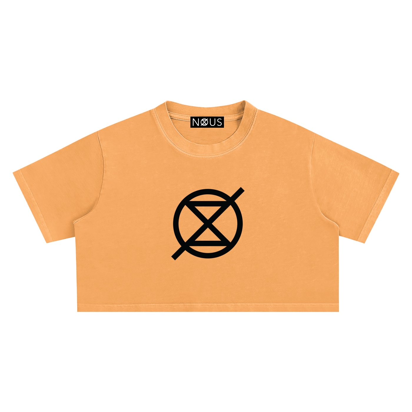 Orange crop top with a black symbol on a white background