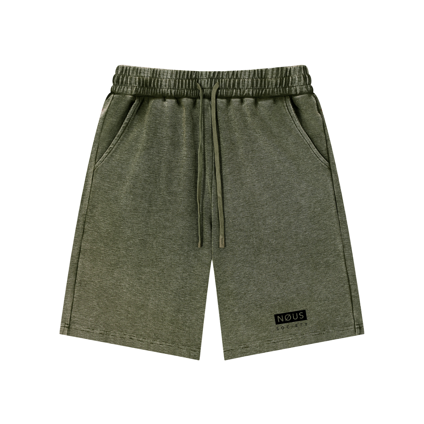 Green shorts with a brand logo on a white background