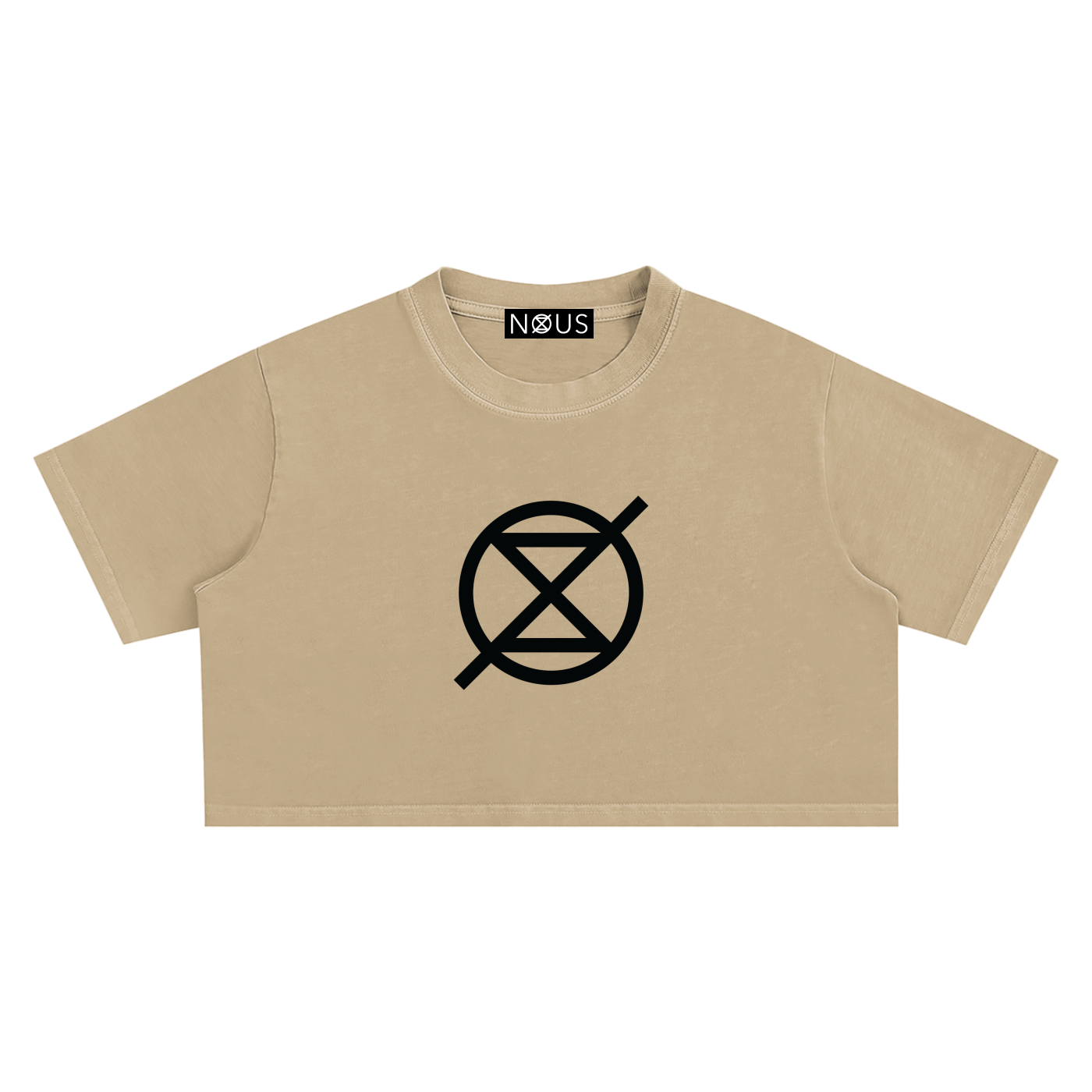 Beige crop top with a black symbol and 'NOUS' branding on a white background