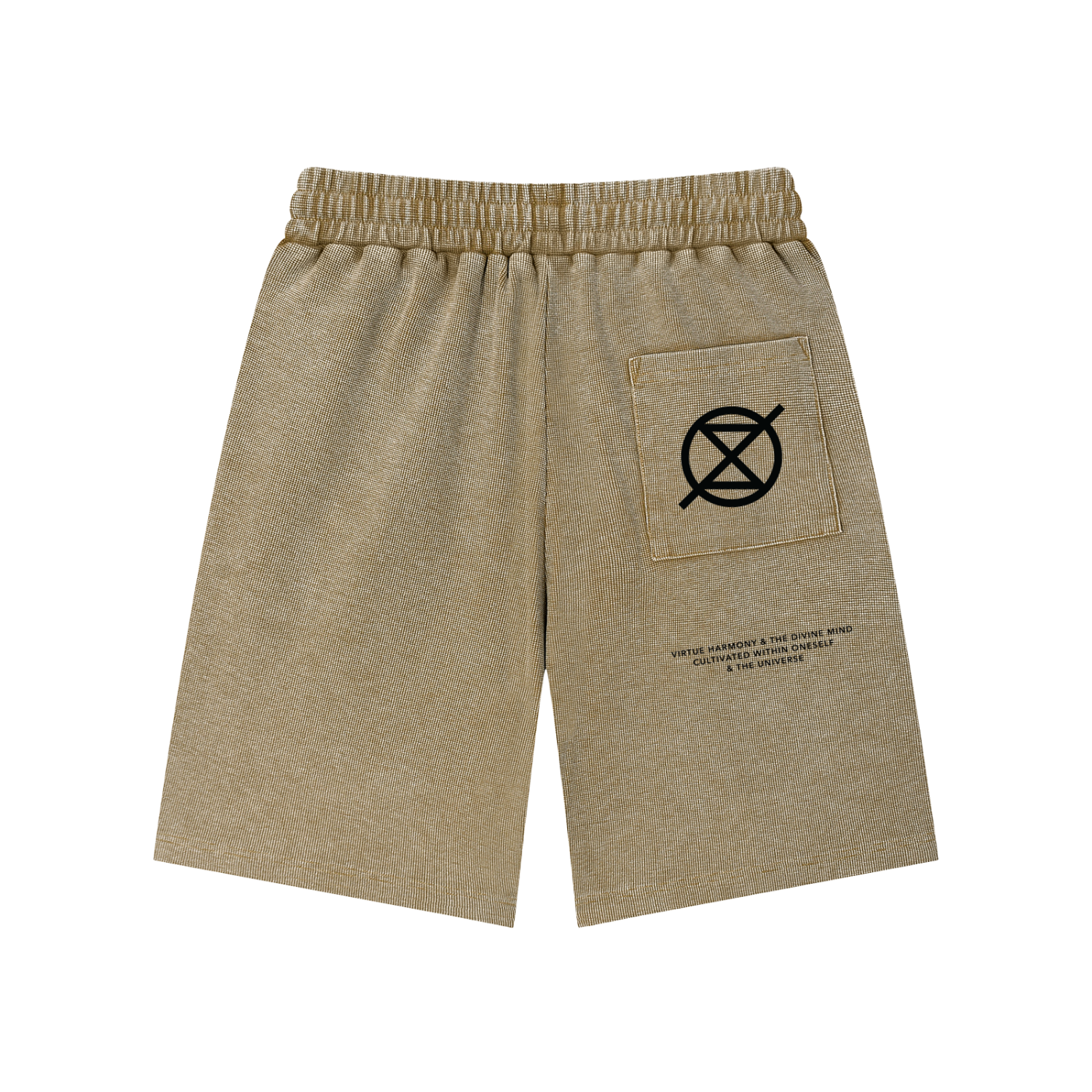 Beige shorts with a pocket featuring a symbol and text on a white background