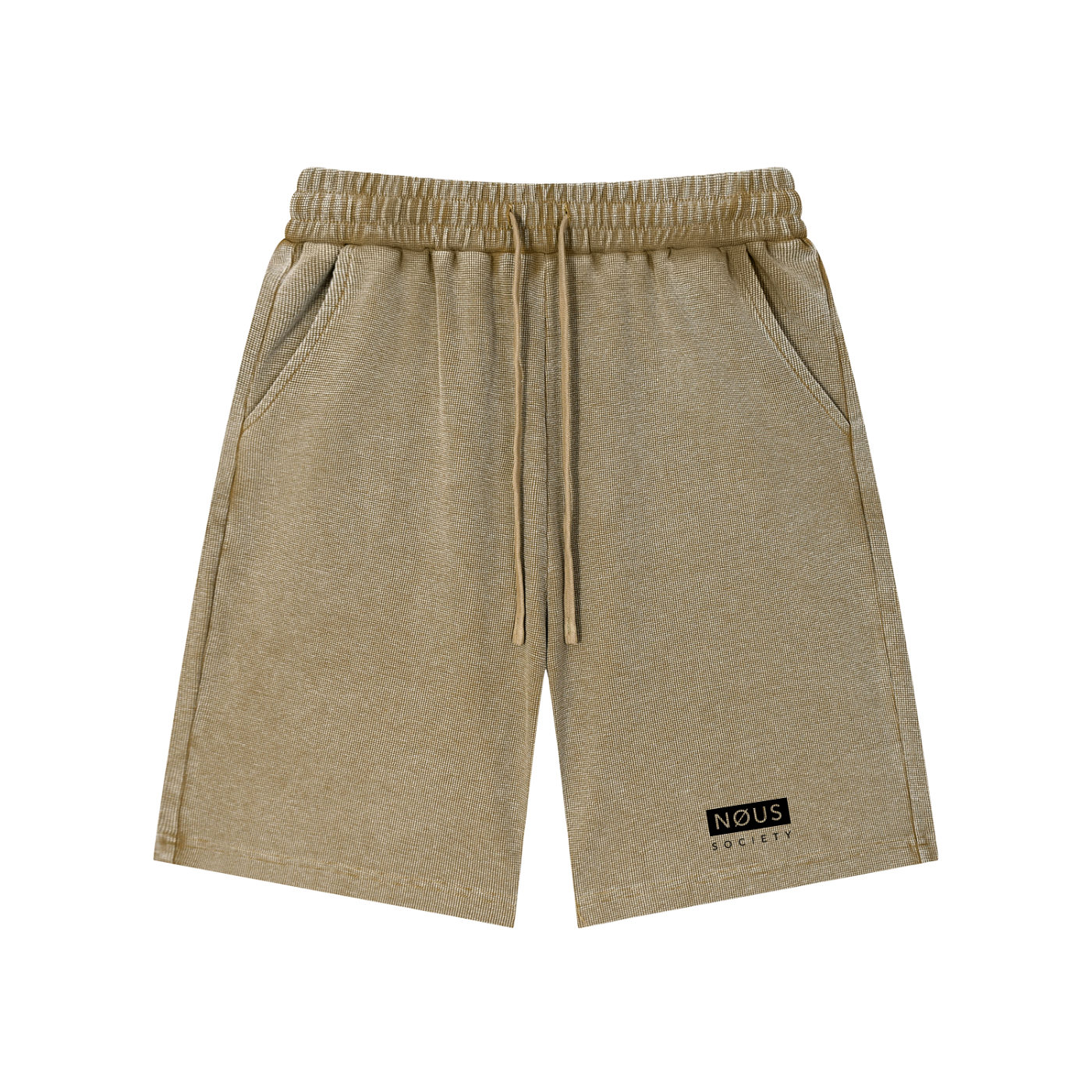 Beige shorts with drawstring on a white background