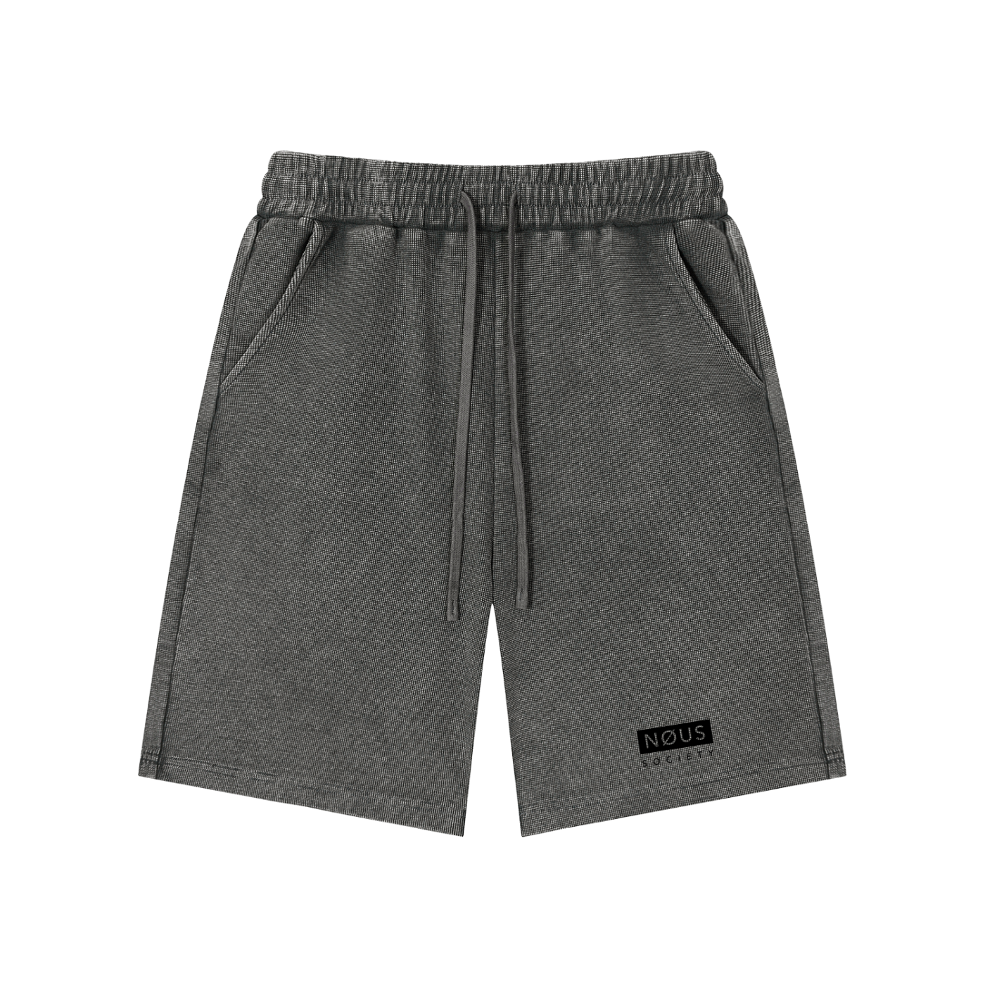 Gray shorts with a logo and text on a white background