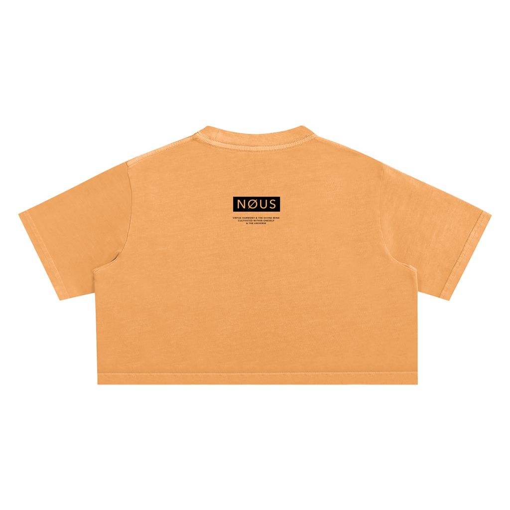 Orange crop top with 'NOUS' logo on a white background
