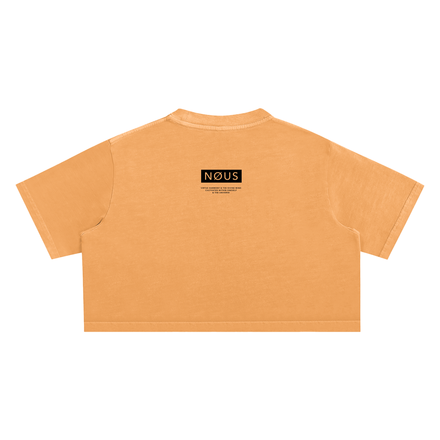 Orange crop top with 'NOUS' logo on a white background