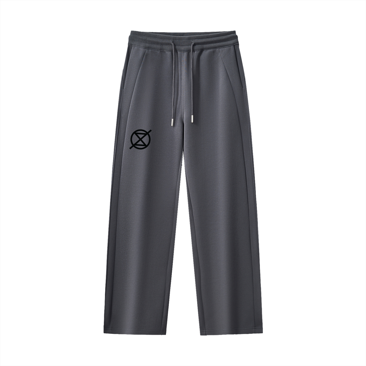 Dark gray sweatpants with a logo on a white background