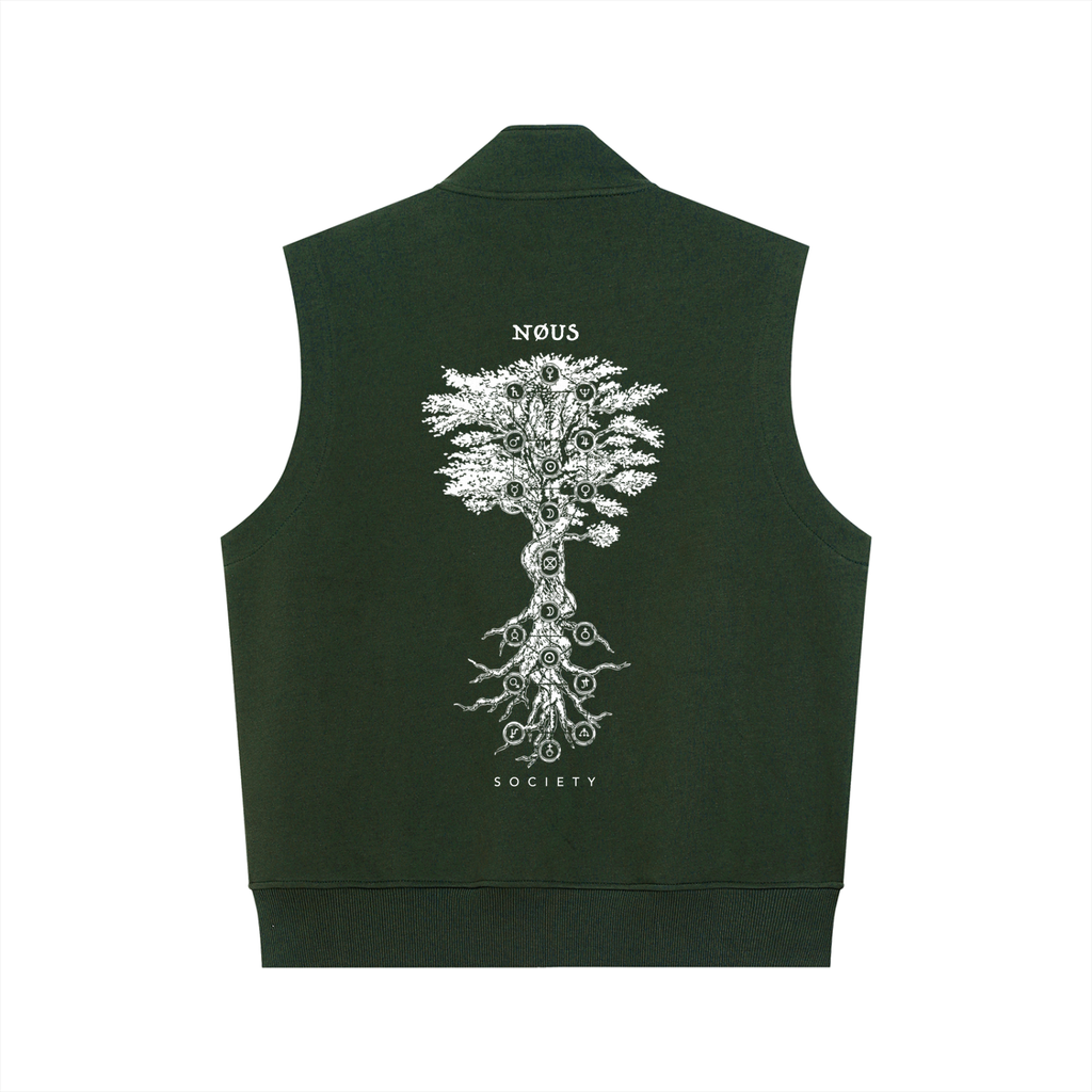 Green vest with a white tree design and text on the back against a white background