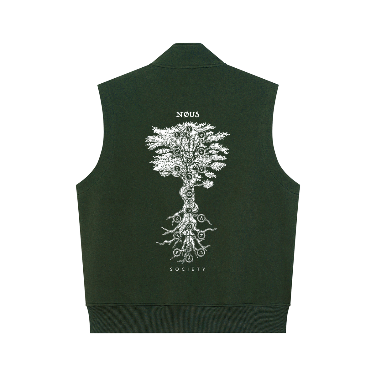 Green vest with a white tree design and text on the back against a white background