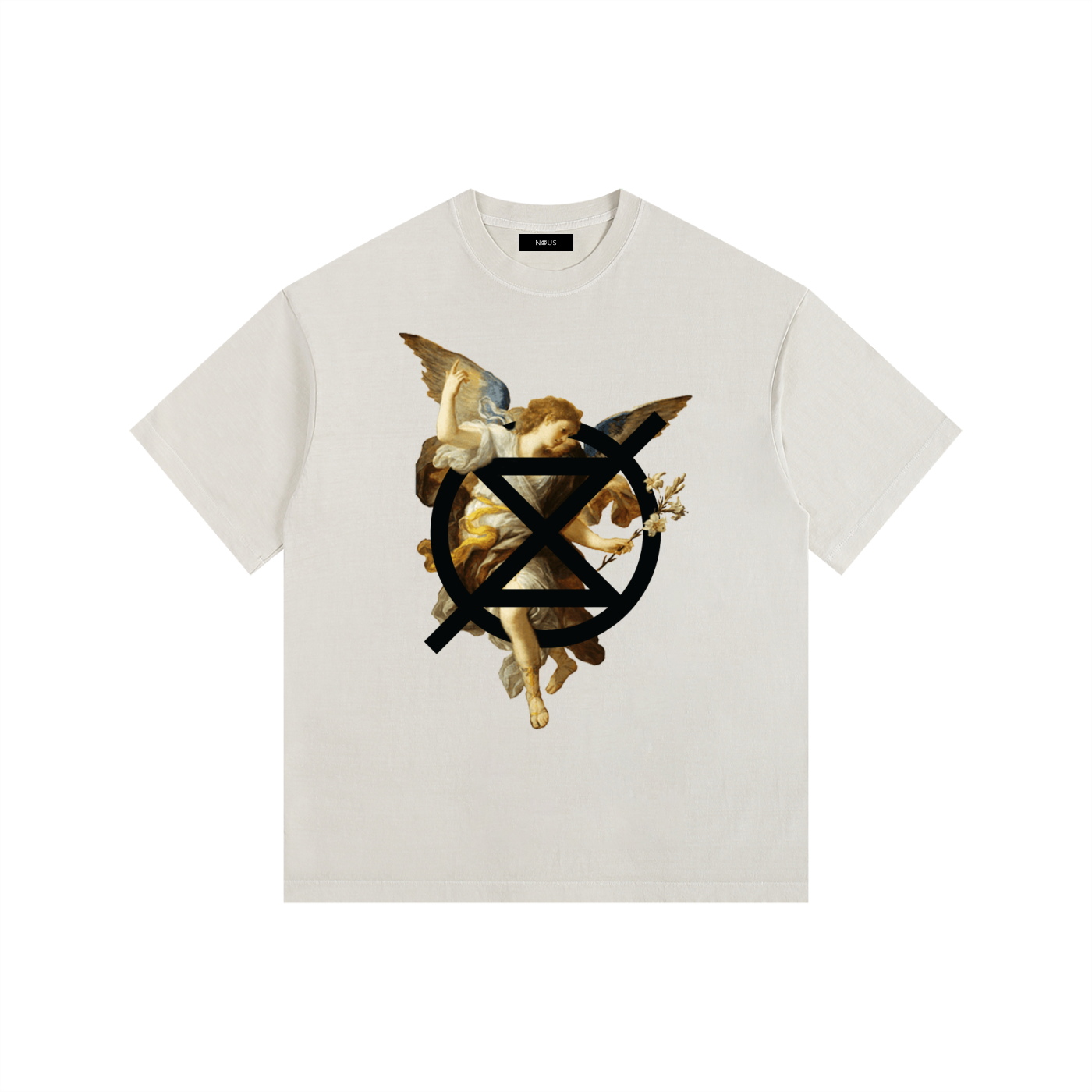 White t-shirt with angel graphic and black circle design on a white background