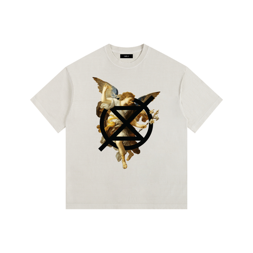 White t-shirt with angel graphic and black circle design on a white background