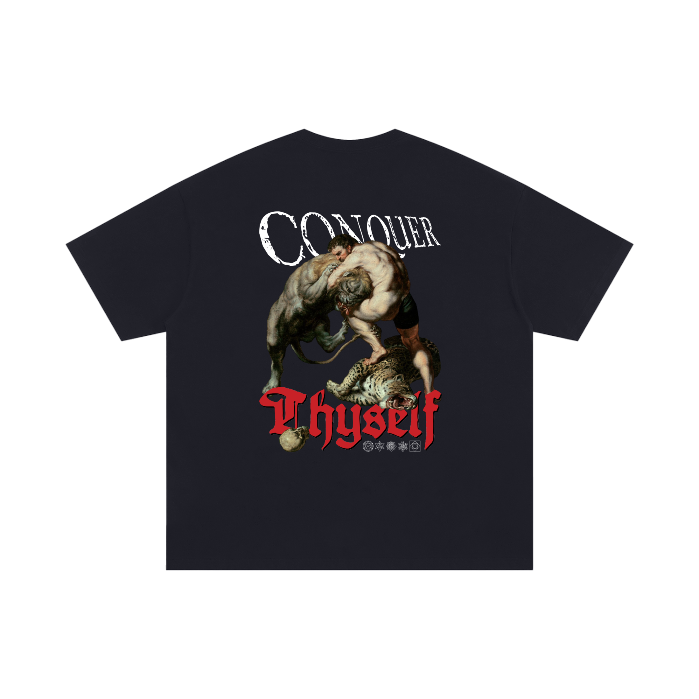 Black t-shirt with graphic design and text on a white background