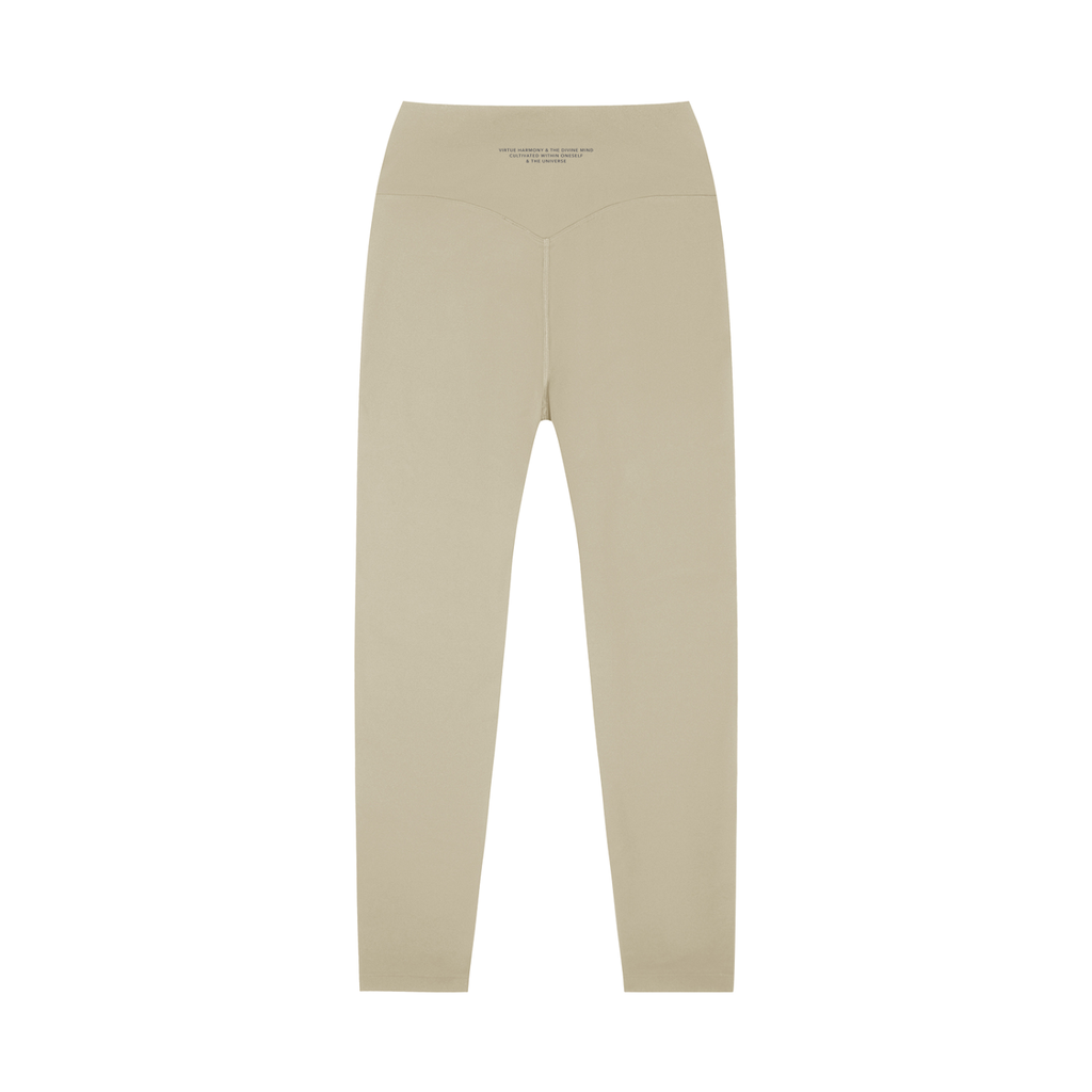 Beige leggings with a brand logo on a white background