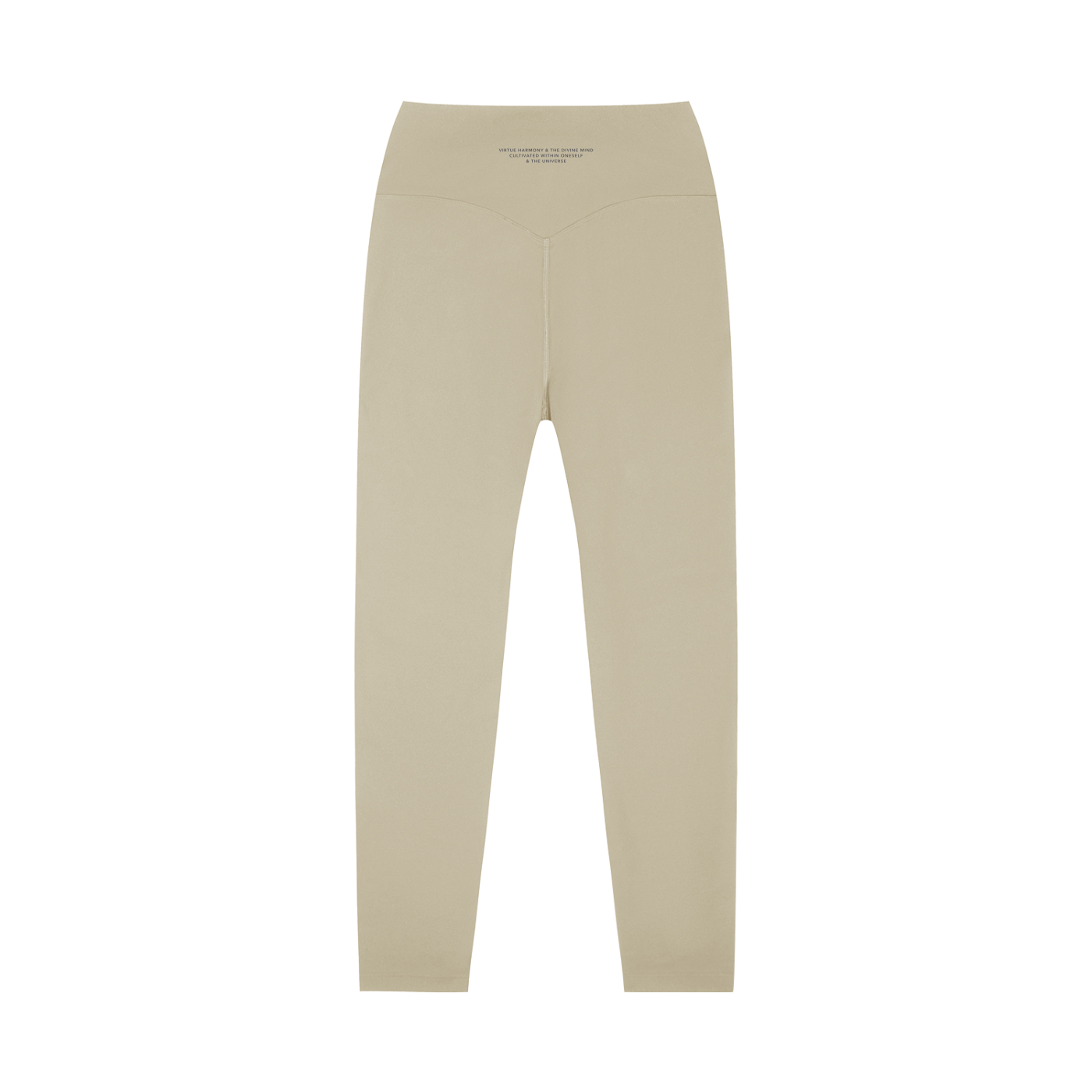 Beige leggings with a brand logo on a white background