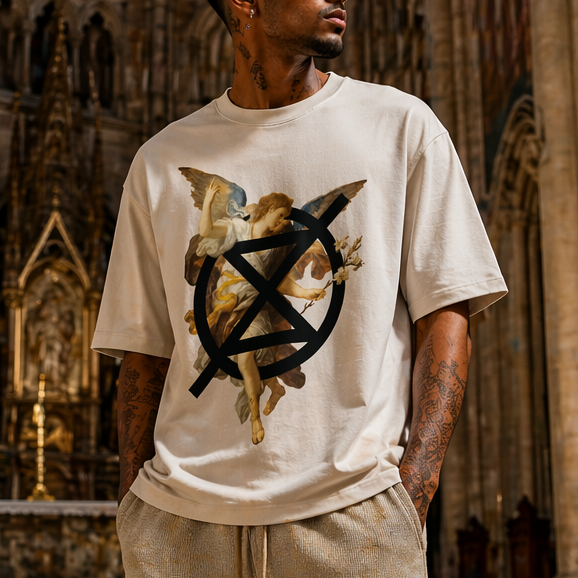 Man wearing a graphic t-shirt and beige shorts in a cathedral setting