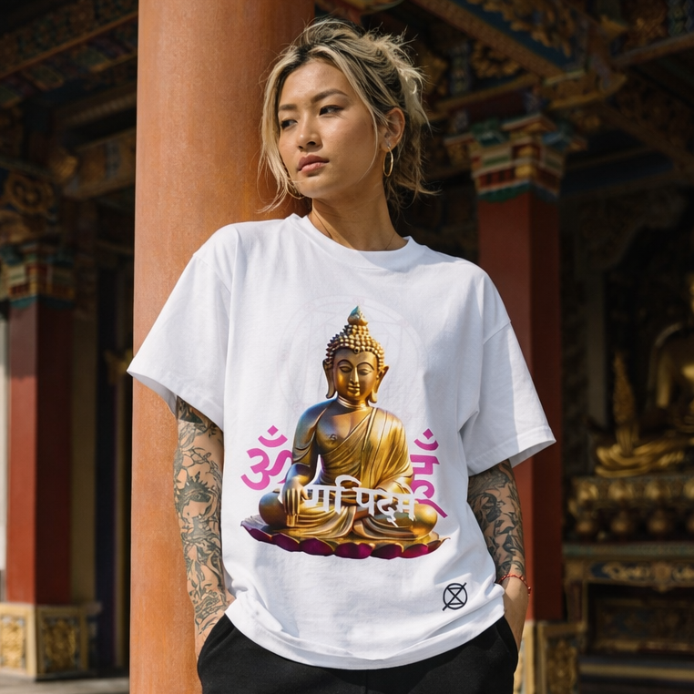 Person wearing a white t-shirt with a Buddha graphic in an outdoor setting.