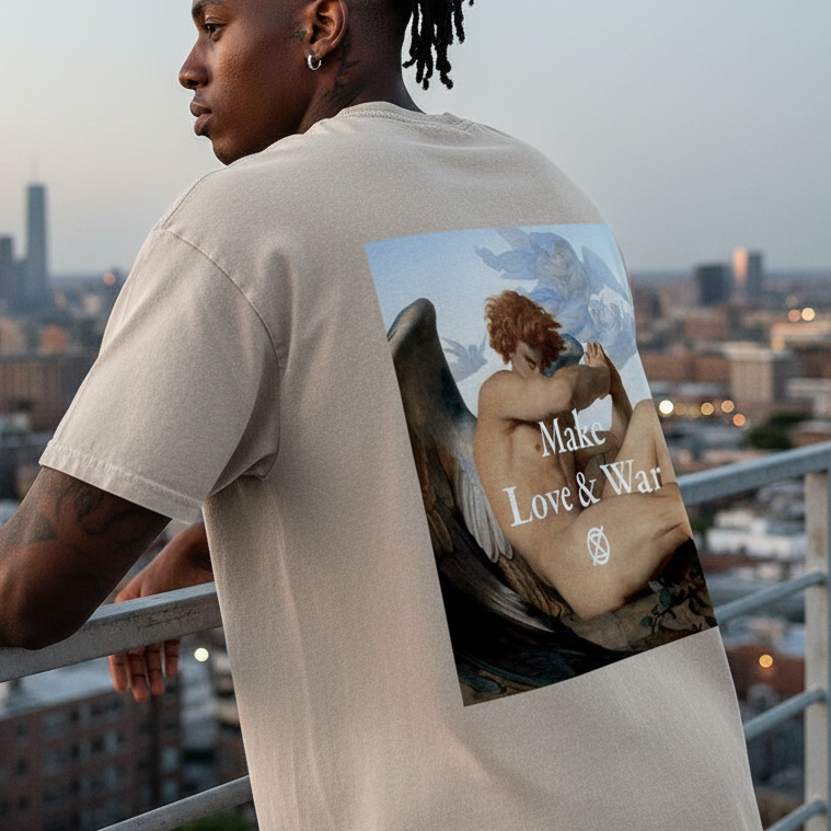 Person wearing a beige t-shirt with a graphic design, standing on a rooftop with a cityscape in the background.
