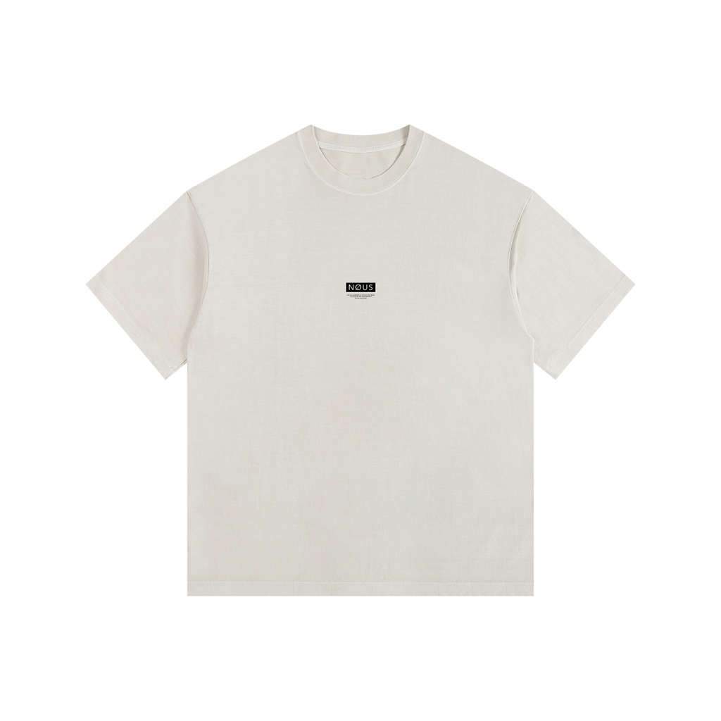 Beige t-shirt with text 'Don't Think About It Too Much' on a white background