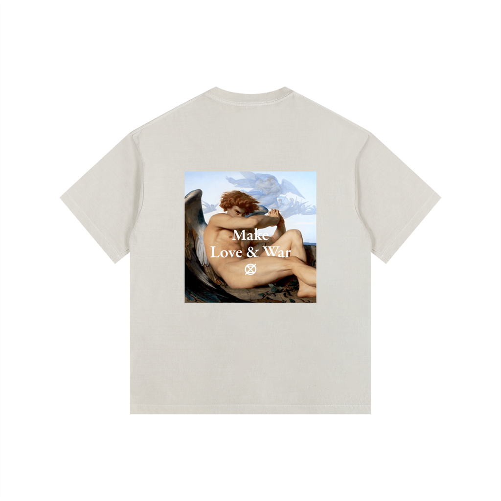 Beige t-shirt with graphic design and text on a white background