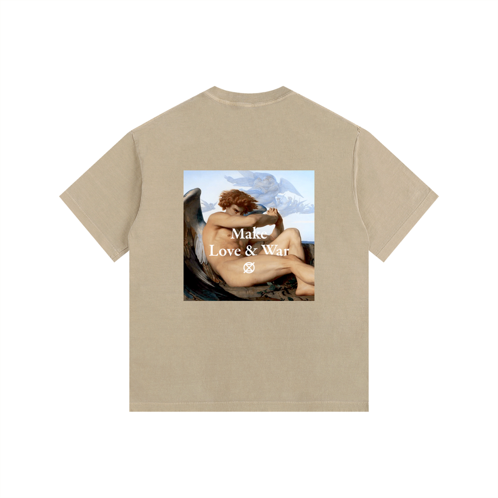 Beige t-shirt with graphic design and text on a white background
