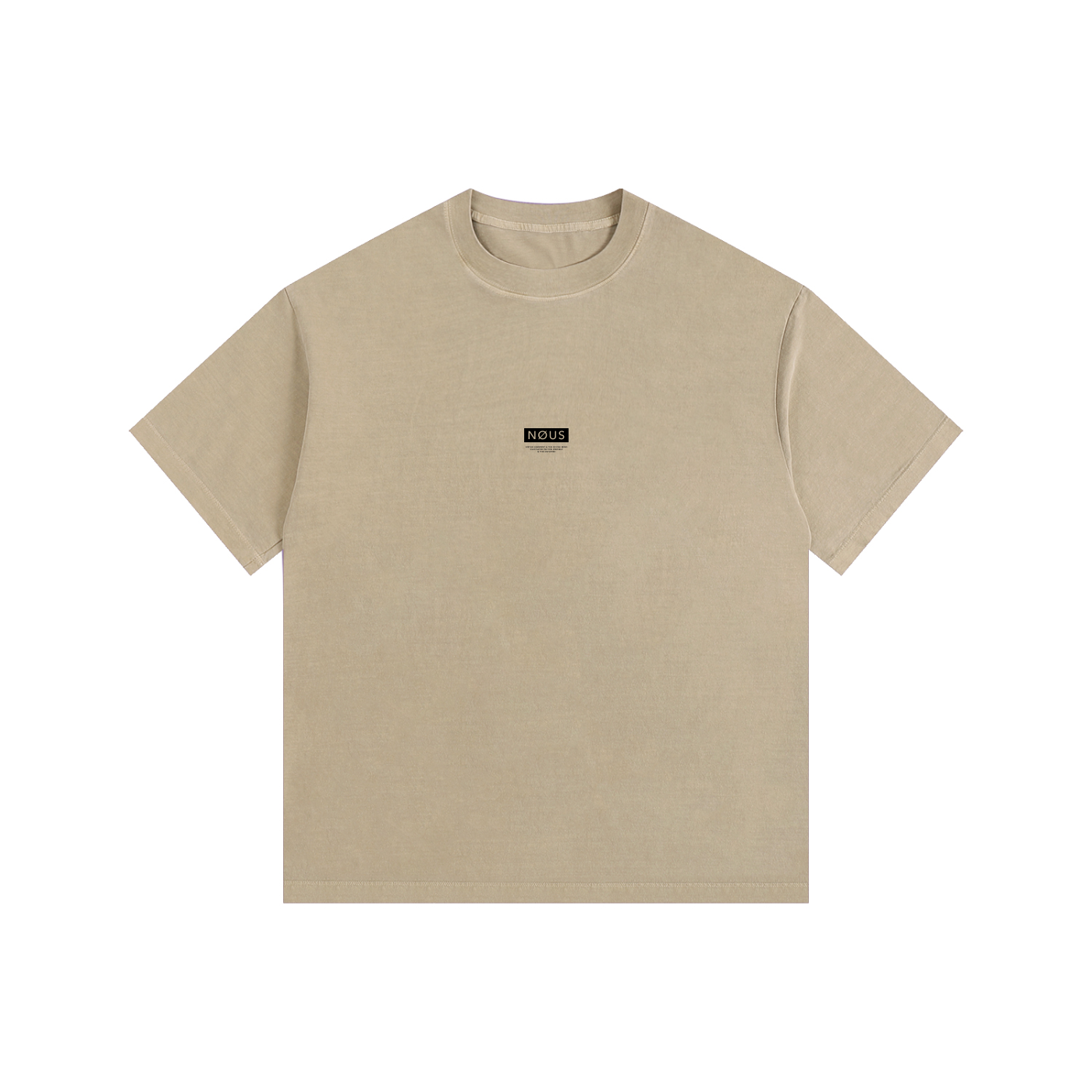 Beige t-shirt with white text on a white background