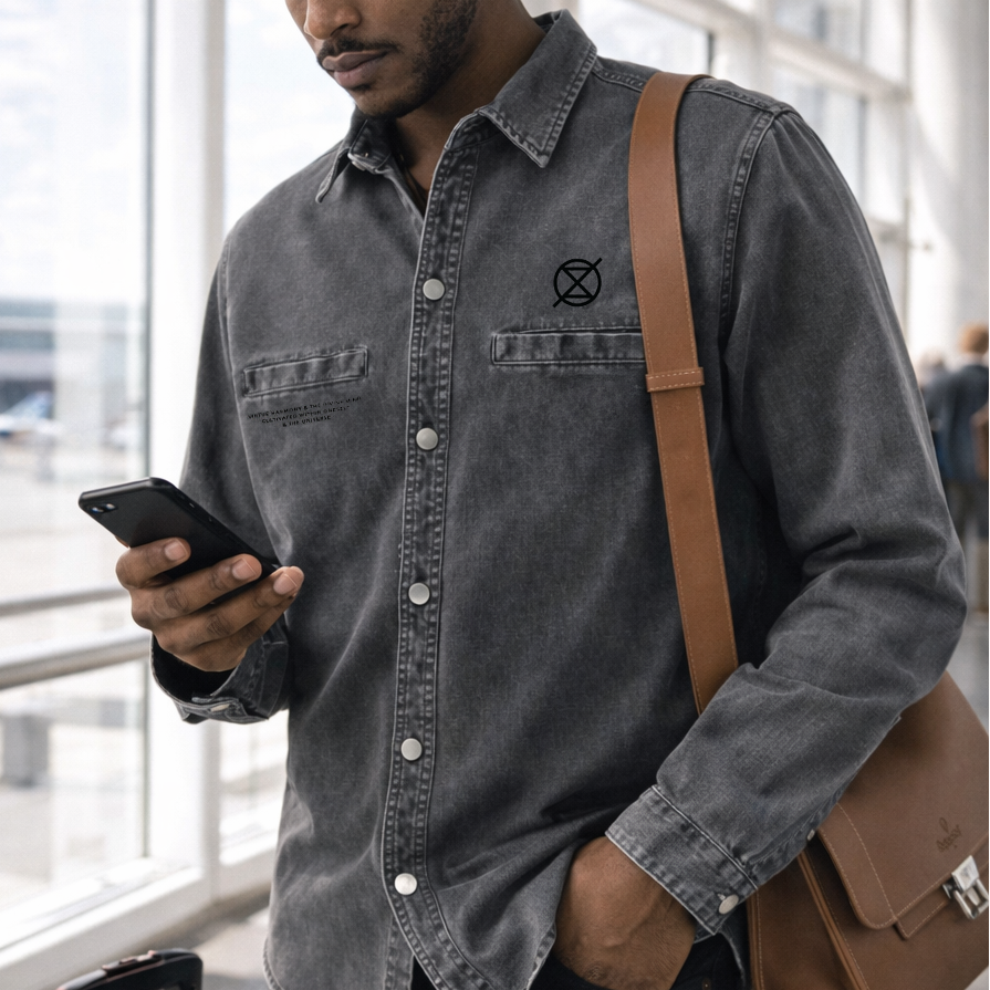 Man in an airport looking at his phone with a suitcase and brown bag.