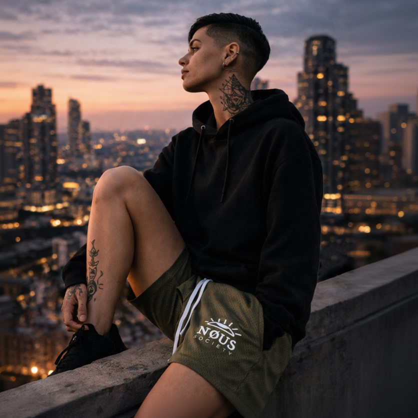 Person sitting on a ledge with a cityscape background at dusk