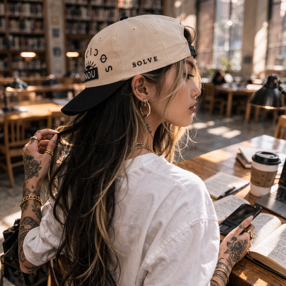 Person with tattoos sitting at a table in a library or bookstore.