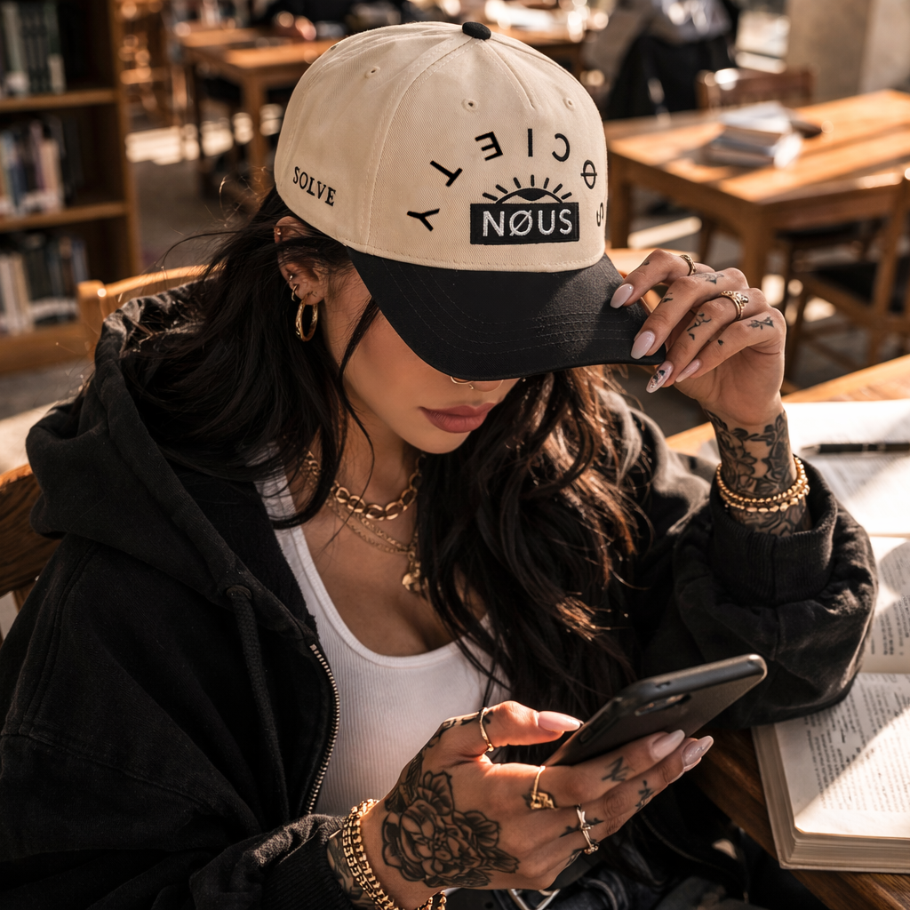 Person sitting at a table in a cafe, using a phone and wearing a cap with text.