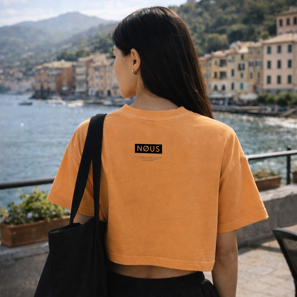 Person wearing an orange t-shirt with 'NOUS' logo, standing by a waterfront with buildings and mountains in the background.