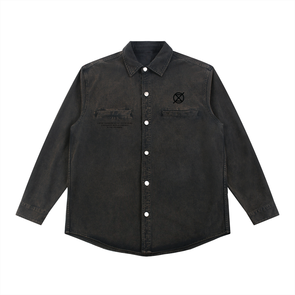 Black button-up shirt with a small logo on a white background