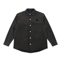 Black button-up shirt with a small logo on a white background