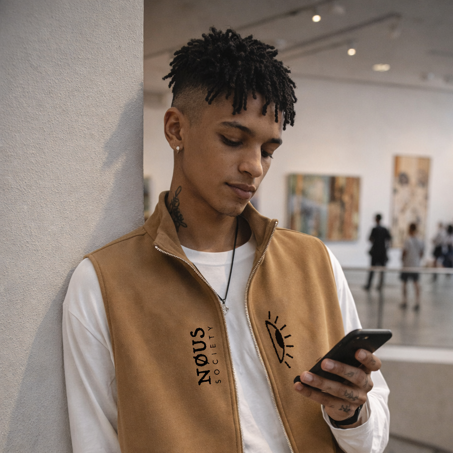 Man in a tan vest and white shirt using a phone in an indoor setting