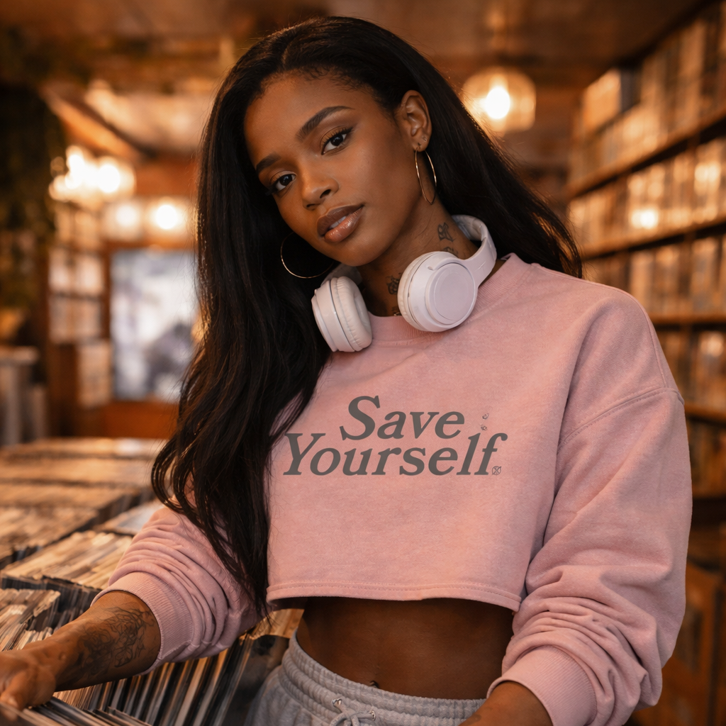 Woman wearing a pink 'Save Yourself' sweatshirt in a record store.
