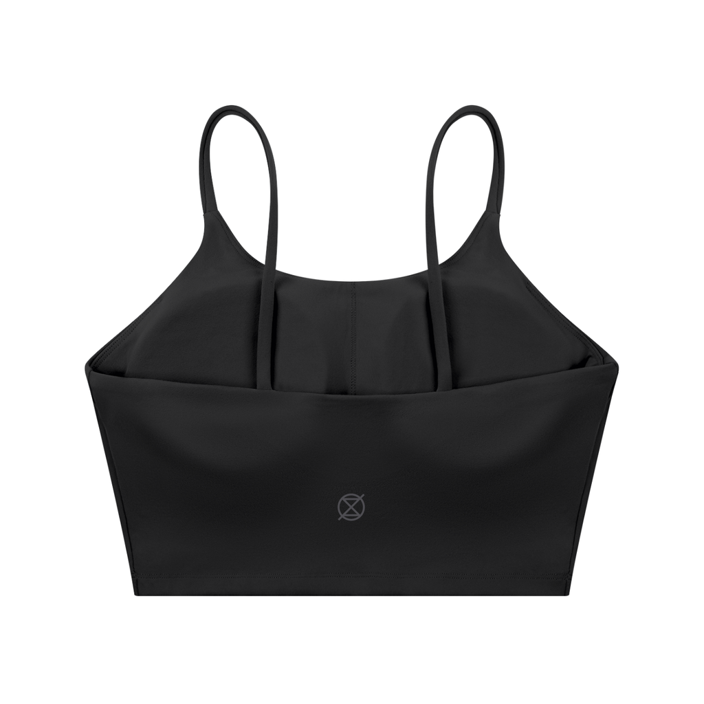 Black crop top with thin straps on a white background