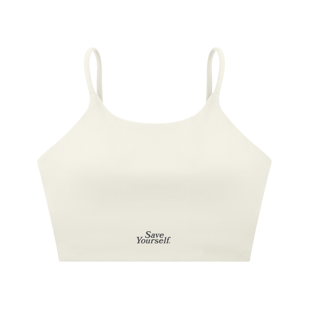 Beige crop top with 'Save Yourself' text on a white background