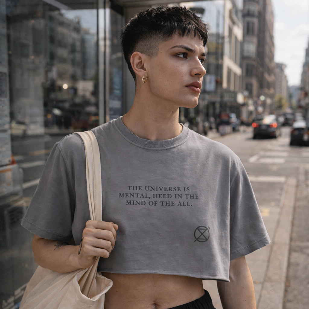 Person wearing a gray t-shirt with text on a city street
