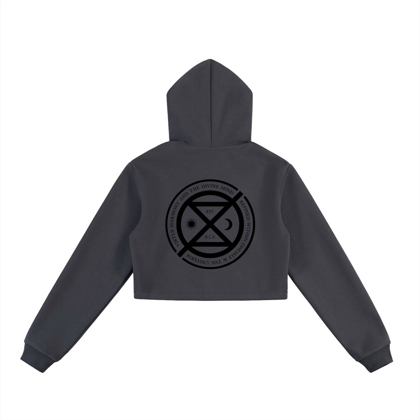 Black hoodie with a graphic design on the back on a white background
