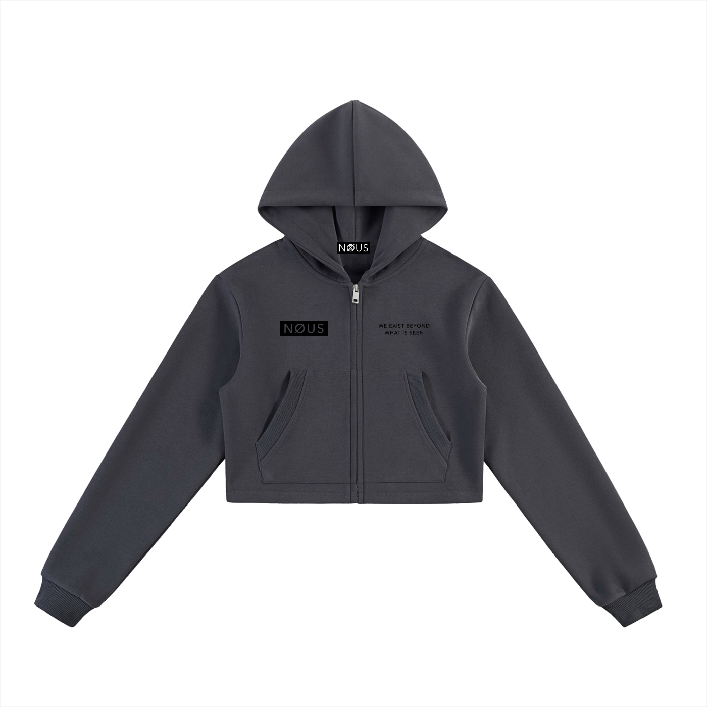 Dark gray hoodie with a brand logo on a white background