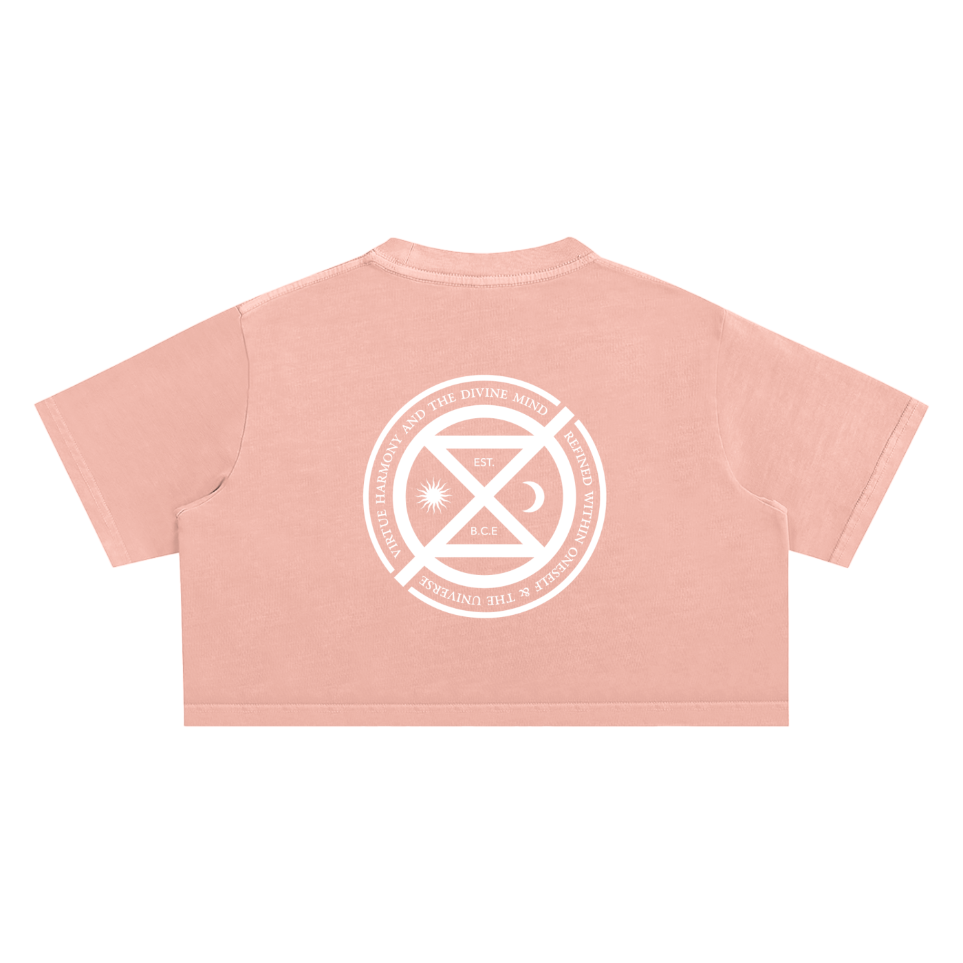 Pink crop top with a white logo on the back against a white background