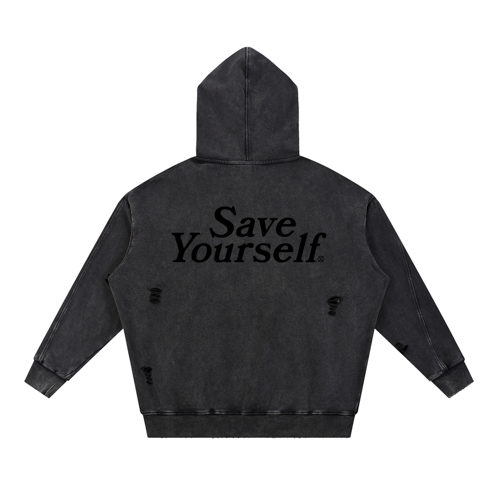 NØUS-Society,Save-Yourself,Distressed-Hoodie,Acid-Washed,Oversized-fit,Year-Zero-Collection,2026-Collection,Spring-Sumer,Fall-Winter