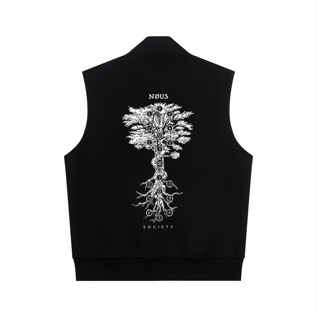 Black sleeveless jacket with white tree design and text on a white background