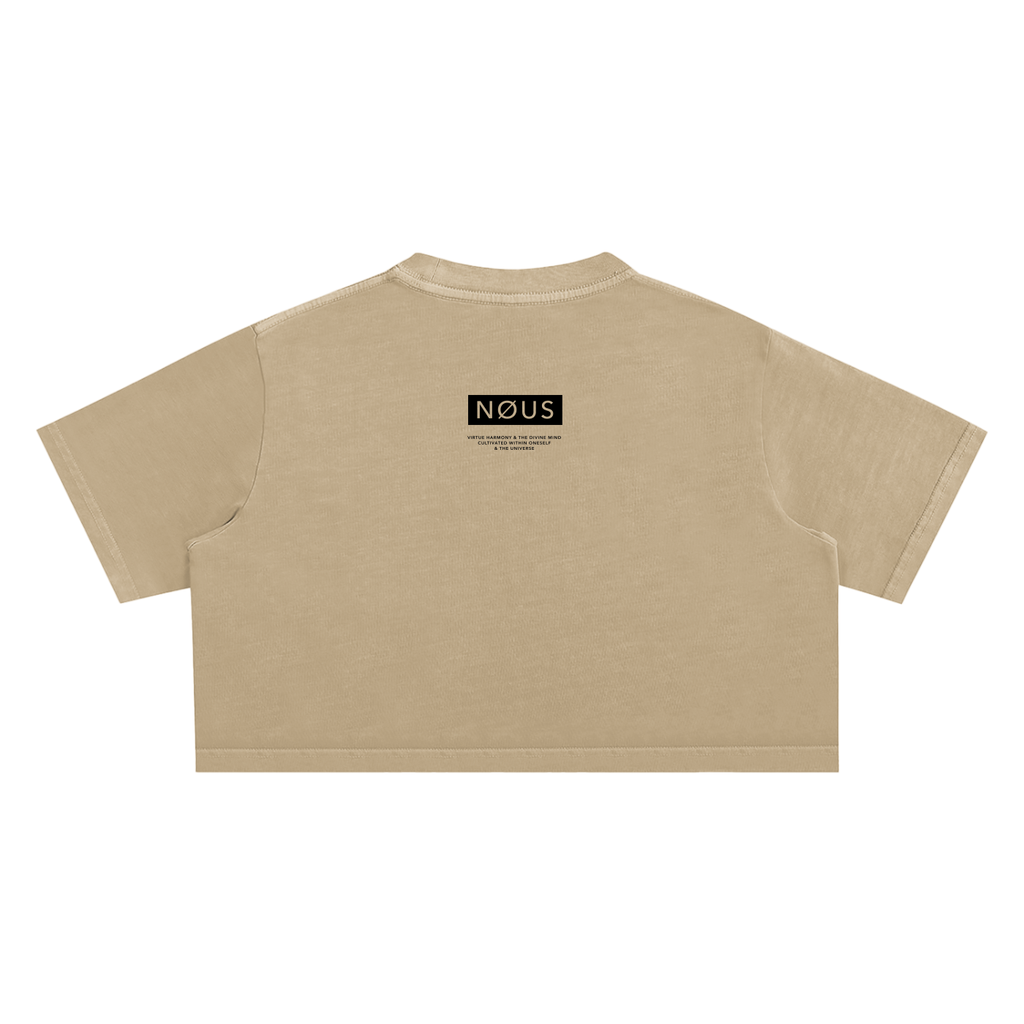 Beige t-shirt with 'NOUS' logo on a white background