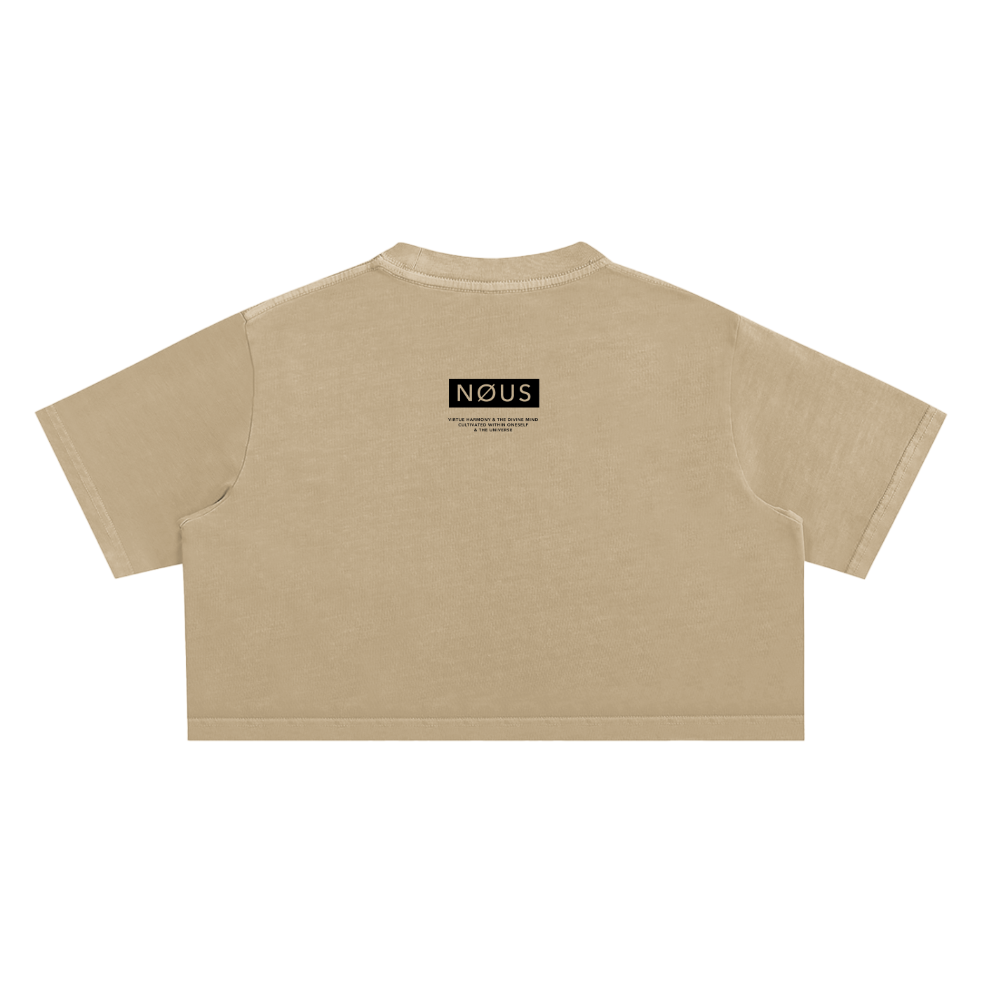 Beige t-shirt with 'NOUS' logo on a white background