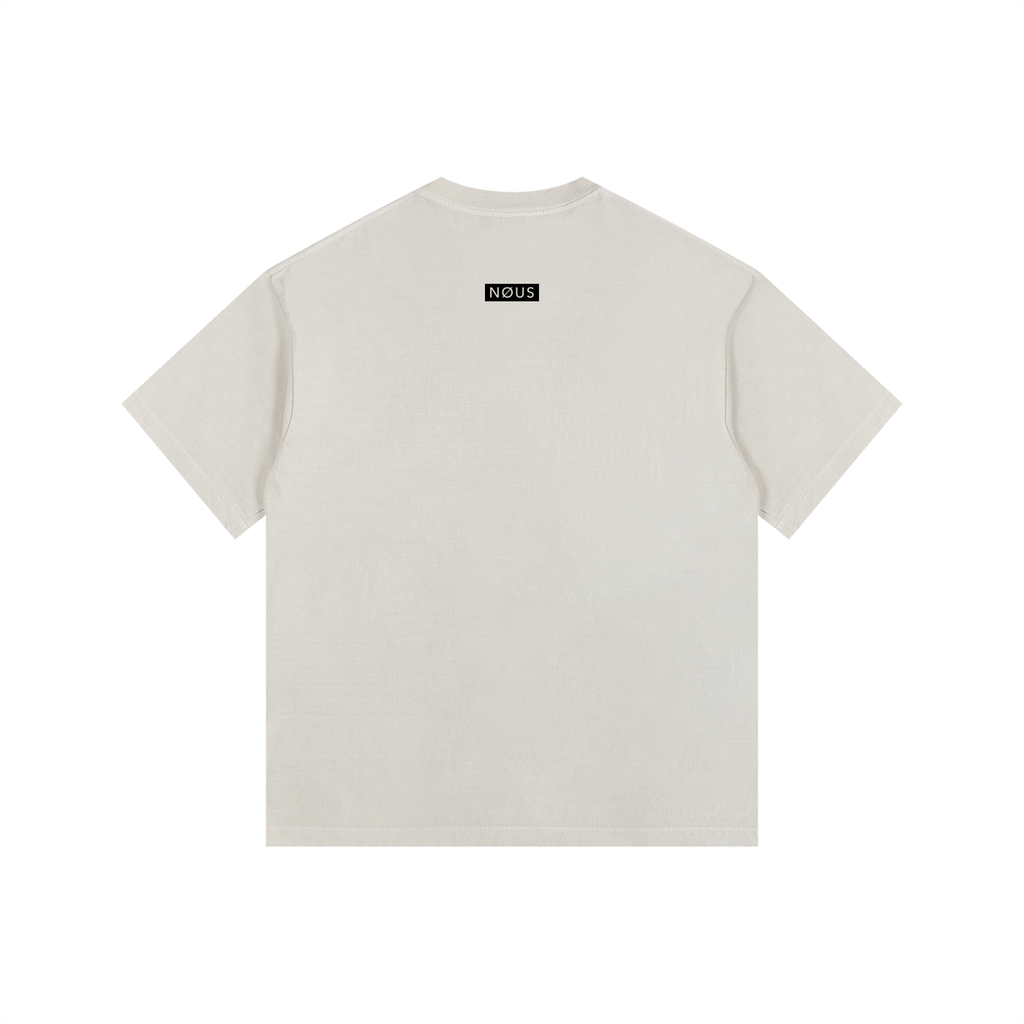 Beige t-shirt with a small logo on the back against a white background