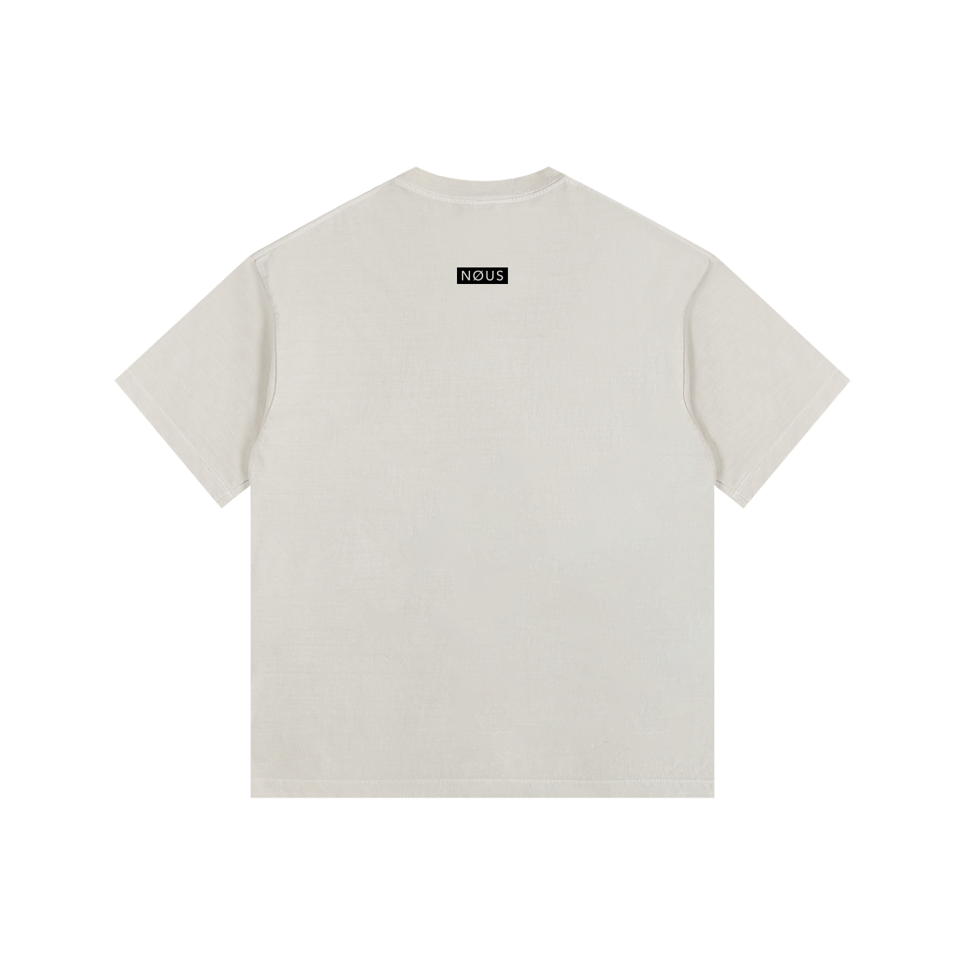 Beige t-shirt with a small logo on the back against a white background